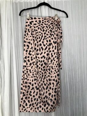 Pink Leopard Print Midi Wrap Skirt with Tie Waist